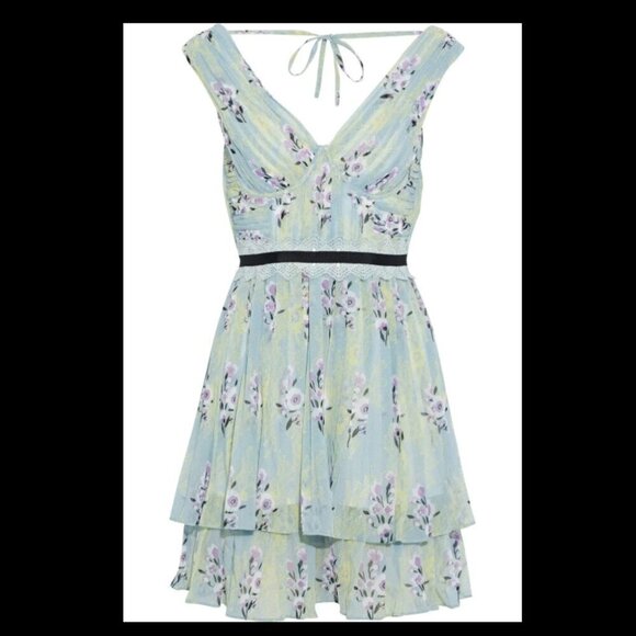 NWT Self-Portrait Floral Lace Chiffon Mini Dress | Mint | US 8 / UK 12 - Picture 4 of 12